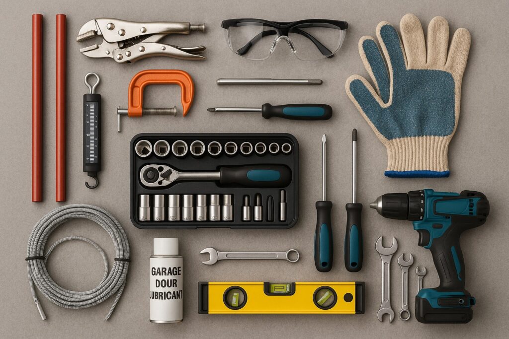 The Role of Garage Door Cables in Safe Operation and How to Replace Them 4 Various tools and supplies for garage door cable replacement, including wire cable, drill, lubricant, screwdrivers, socket set, safety gloves, and eye protection.