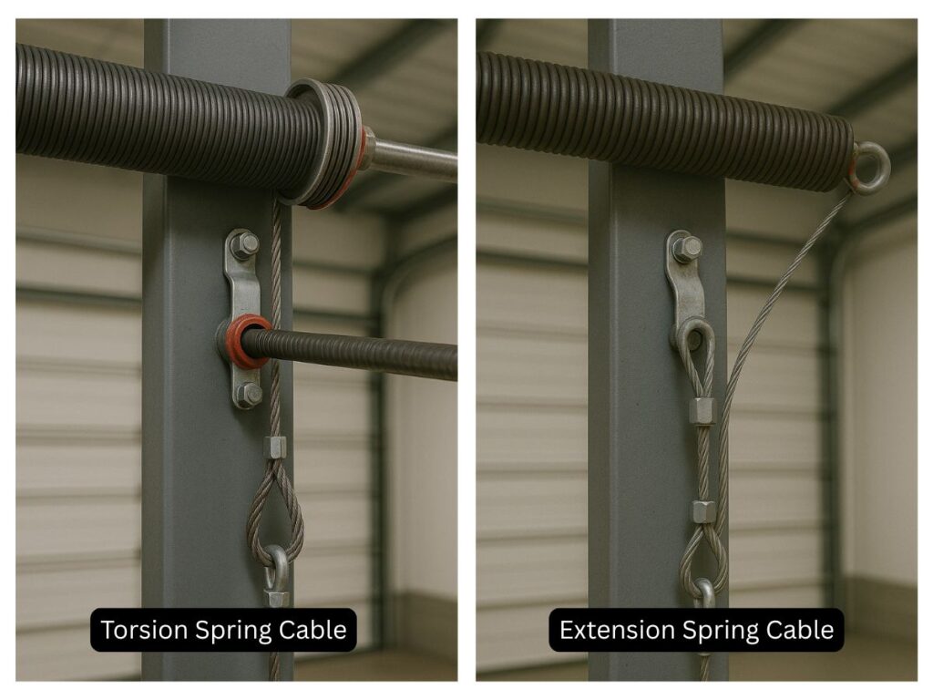 The Role of Garage Door Cables in Safe Operation and How to Replace Them 3 Side-by-side comparison of torsion spring cable and extension spring cable setups used in garage door cable replacement systems.