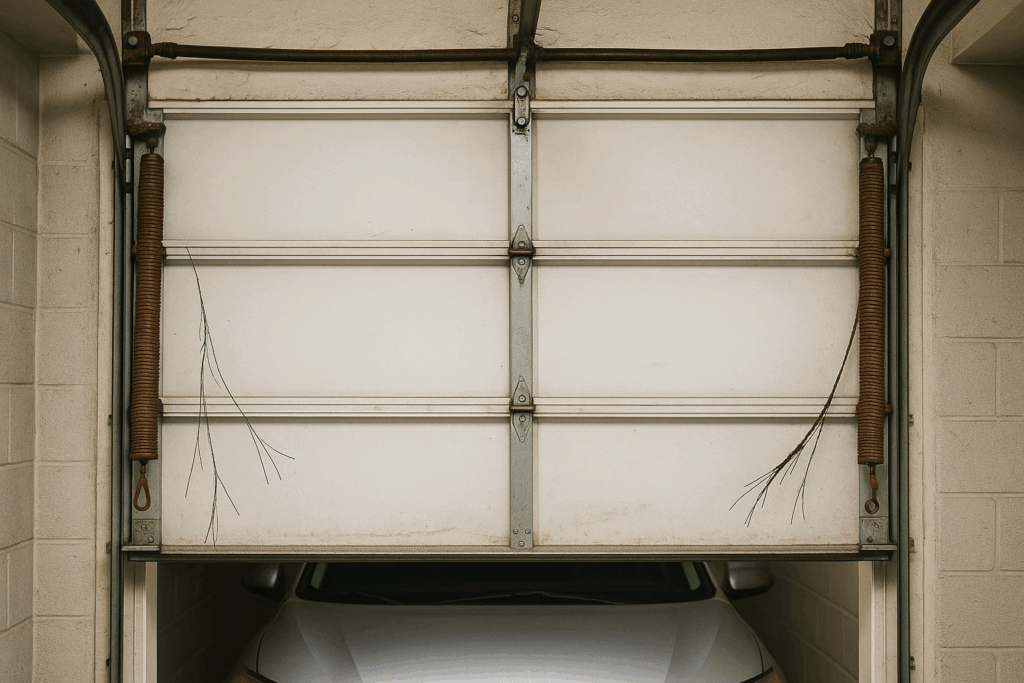 Garage Door Repairs in Garland, TX: Don’t Ignore These Early Warning Signs 3 Garage door with broken extension springs and exposed wires, showing urgent need for garage door repairs.
