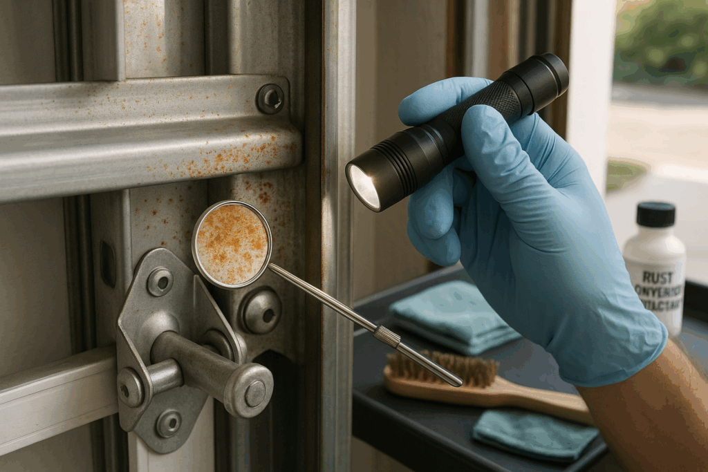 Garage Door Repairs in Garland, TX: Don’t Ignore These Early Warning Signs 4 Close-up inspection of rust on garage door tracks, showing need for garage door repairs and maintenance.