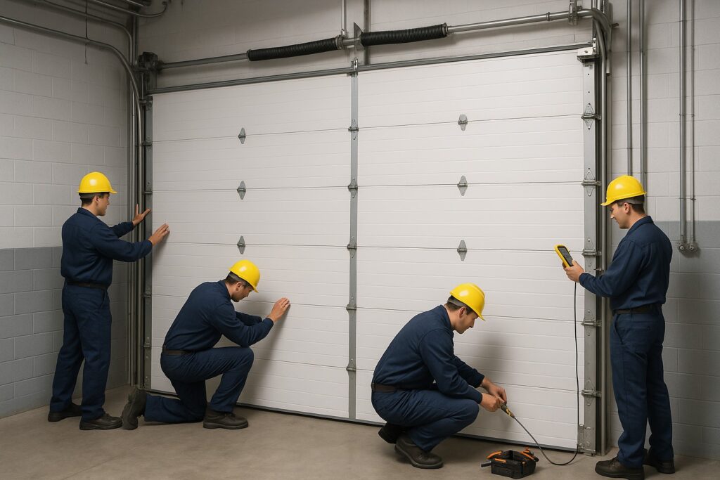 Team of technicians conducting inspection and adjustments during commercial garage door repair.