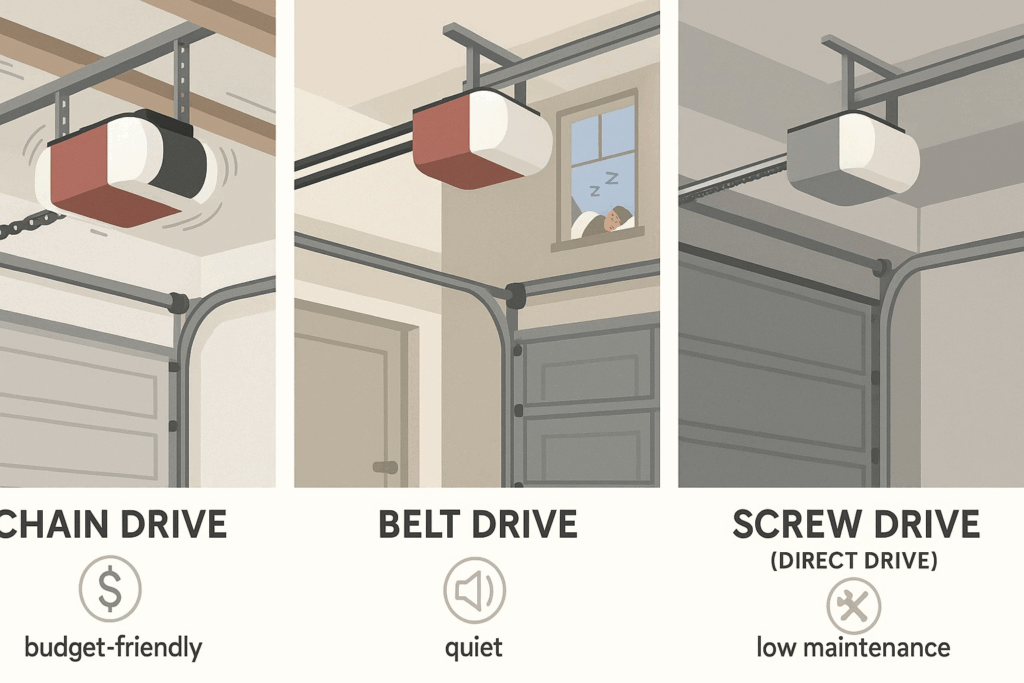Illustration comparing garage door openers with chain drive, belt drive, and screw drive options for repair garage door systems.