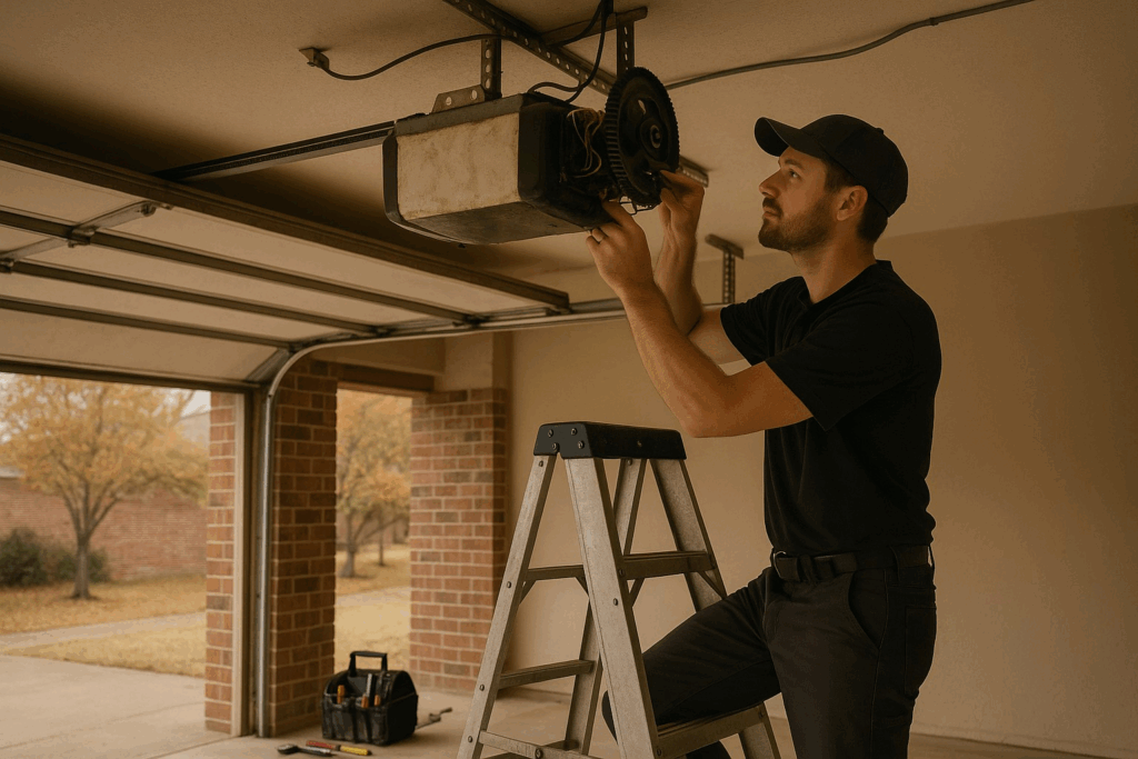 Technician on ladder repairing garage door opener motor during routine service.