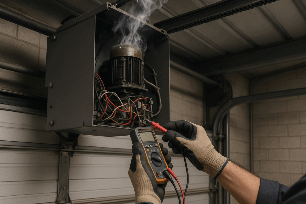 Technician troubleshooting faulty opener wiring during commercial garage door repair.