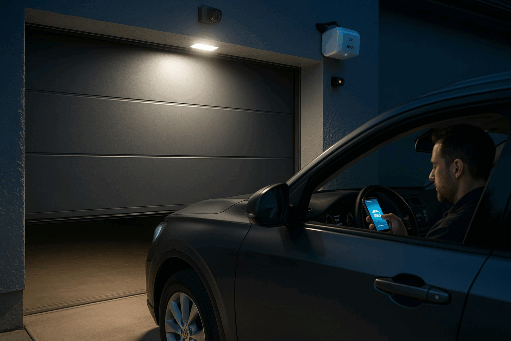 Man using smartphone to open modern garage doors at night.