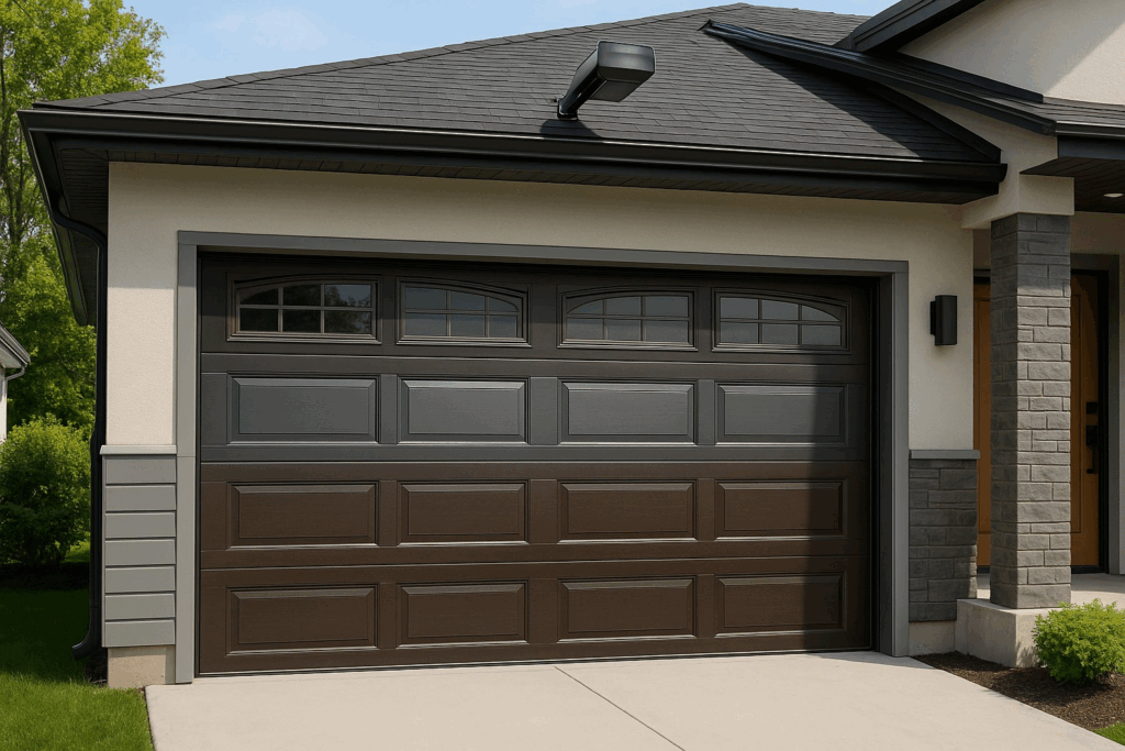 Two-tone panel design modern garage doors with decorative windows on suburban home.