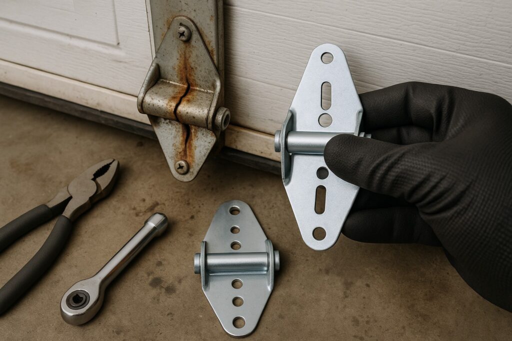 Comprehensive Garage Door Maintenance in Garland, TX for Longevity and Safety 4 Technician performing garage door maintenance by replacing a rusty hinge with a new metal hinge for improved door stability.