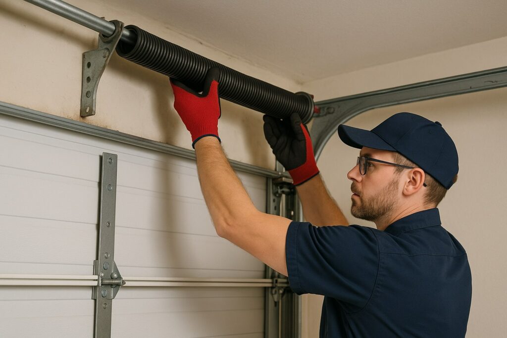 Comprehensive Garage Door Maintenance in Garland, TX for Longevity and Safety 3 Technician performing garage door maintenance by inspecting and adjusting torsion spring for safe and balanced operation.