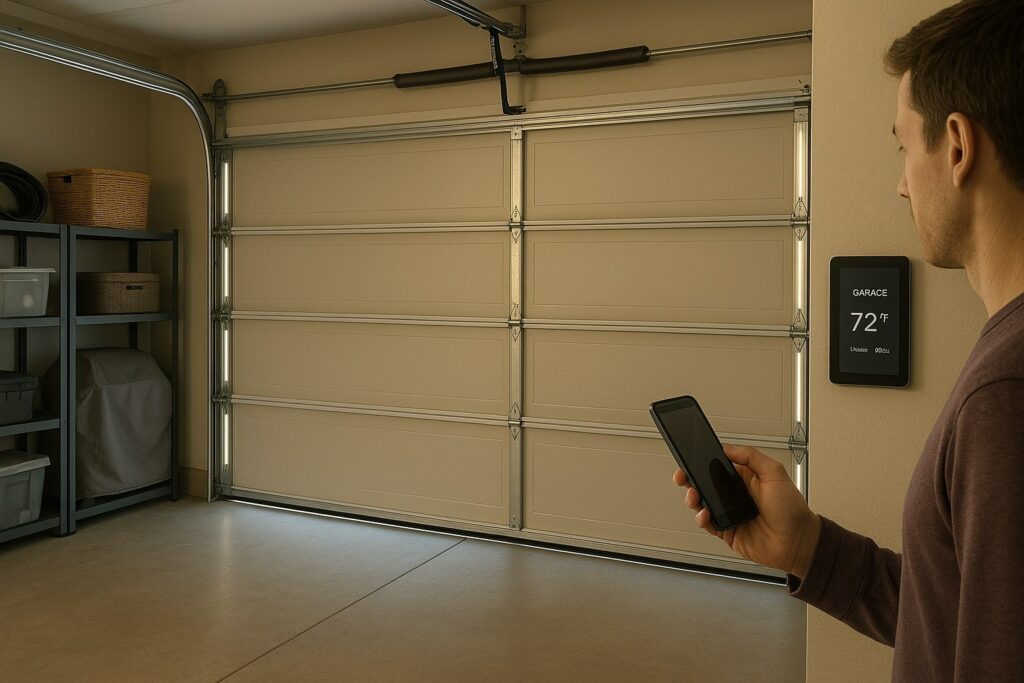 A man uses his smartphone to control automatic garage doors inside a modern, organized garage.