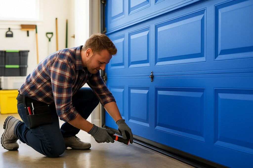 Preventive Garage Door Repair: How Regular Maintenance Saves You Thousands 4 Garage door repair technician fixing the bottom seal on a blue garage door.