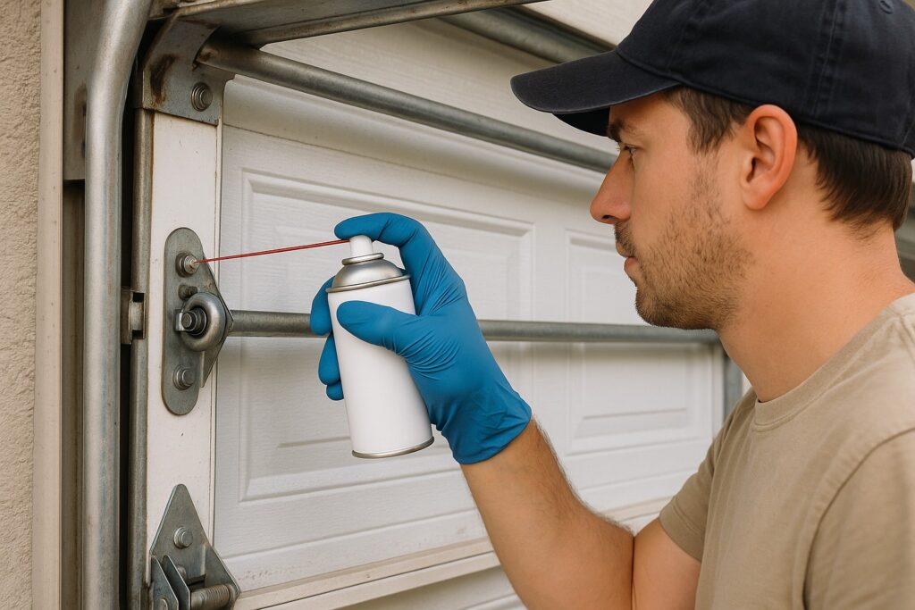 Garage door troubleshooting: man lubricating a garage door roller and hinge with a spray can.